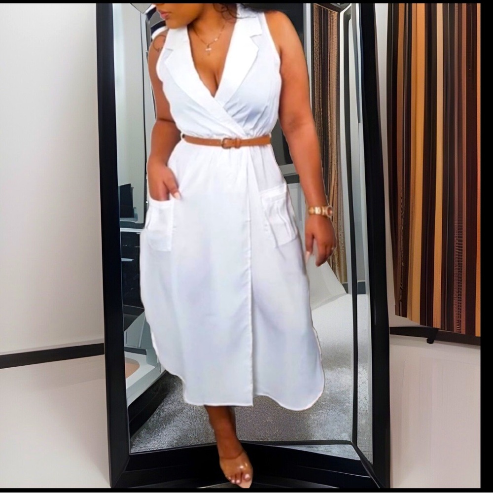 Vintage Style White Dress Slits On Front & Side Collar W/Pocket Perfect Cover Up